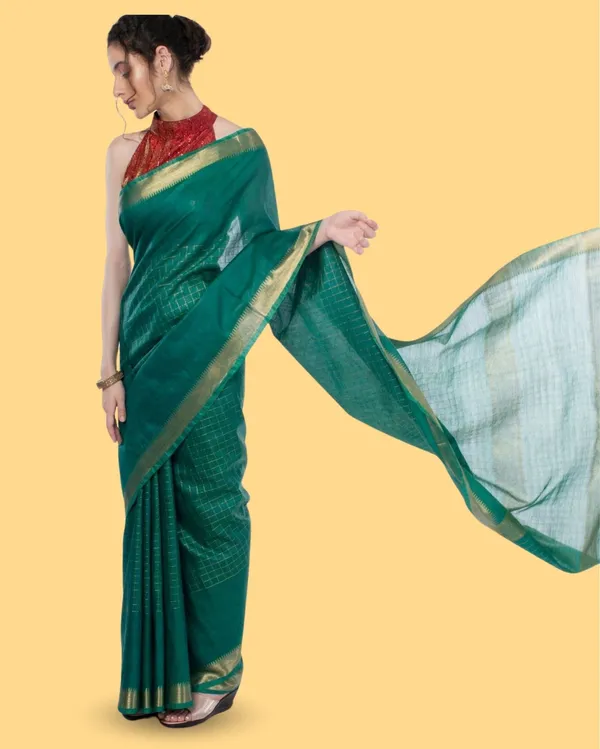 Handcrafted_Kota_Silk_Green_Plain_Saree