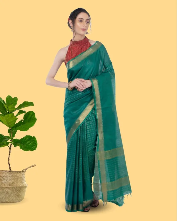 Handcrafted_Kota_Silk_Green_Plain_Saree