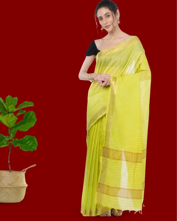 Handcrafted_Kota_Silk_Plain_Saree_Brass_Green