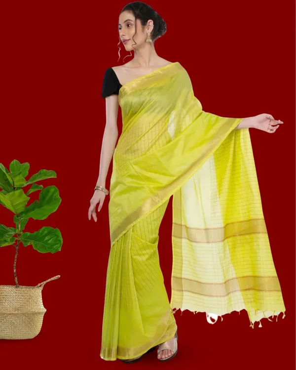 Handcrafted_Kota_Silk_Plain_Saree_Brass_Green