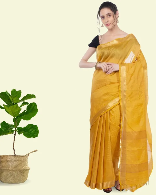 Handcrafted_Kota_Silk_Mustard_Plain_Saree