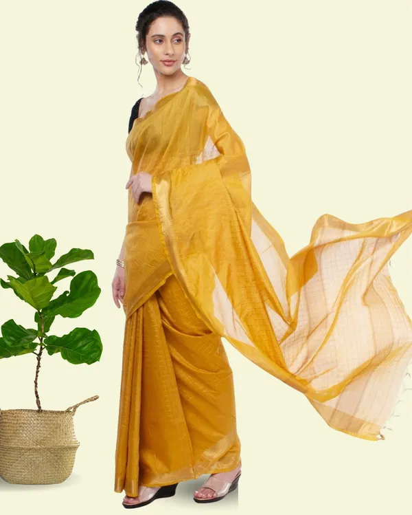 Handcrafted_Kota_Silk_Mustard_Plain_Saree