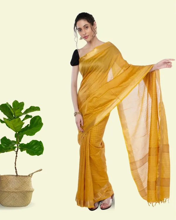 Handcrafted_Kota_Silk_Mustard_Plain_Saree