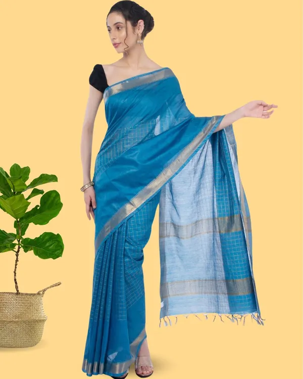 Handcrafted_Kota_Silk_Torquise_Blue_Plain_Saree