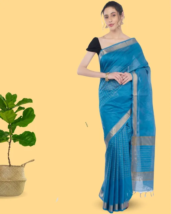 Handcrafted_Kota_Silk_Torquise_Blue_Plain_Saree