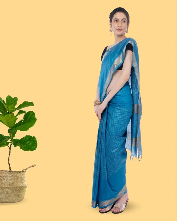 Handcrafted_Kota_Silk_Torquise_Blue_Plain_Saree