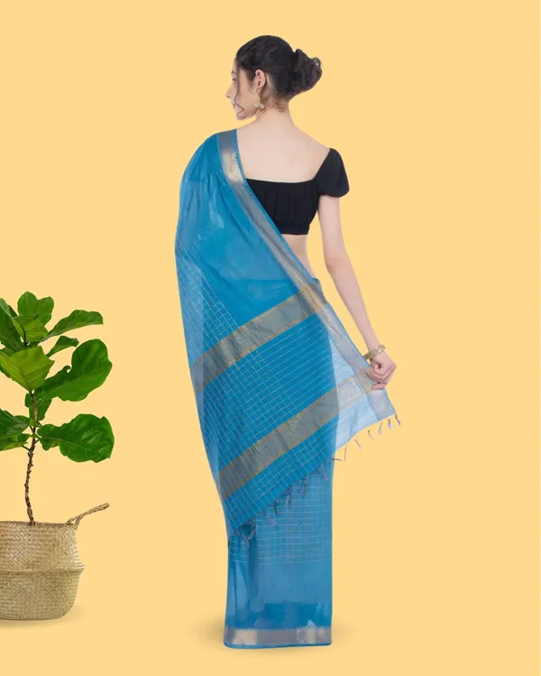 Handcrafted_Kota_Silk_Torquise_Blue_Plain_Saree