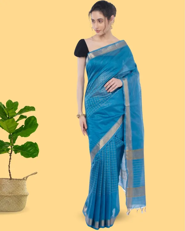 Handcrafted_Kota_Silk_Torquise_Blue_Plain_Saree