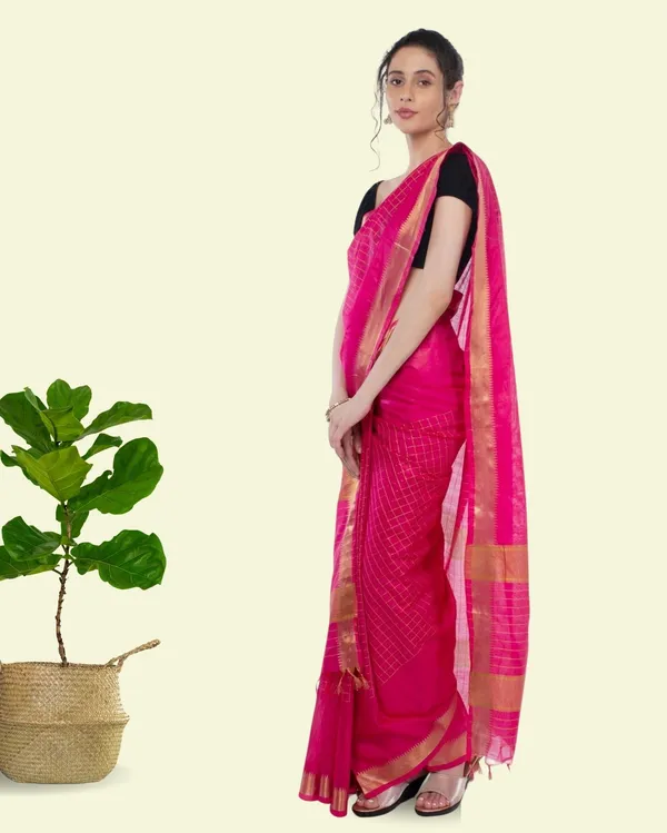 Handcrafted_Kota_Silk_Pink_Plain_Saree