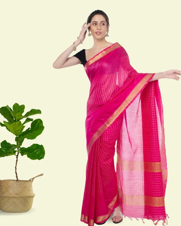 Handcrafted_Kota_Silk_Pink_Plain_Saree