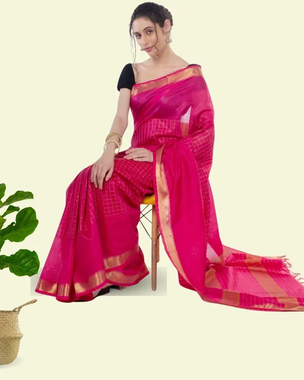 Handcrafted_Kota_Silk_Pink_Plain_Saree