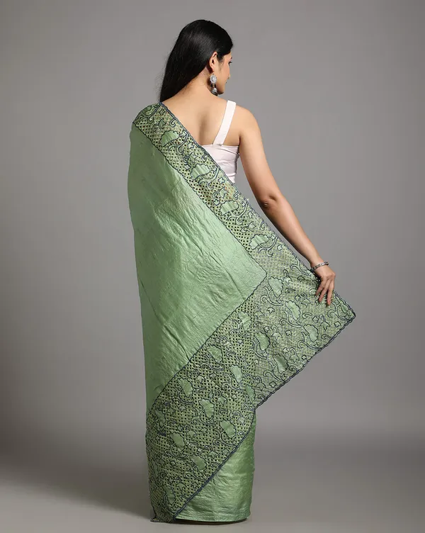 Silkmark_Certified_Lucid_Pure_Tussar_Cutwork_Green_Saree