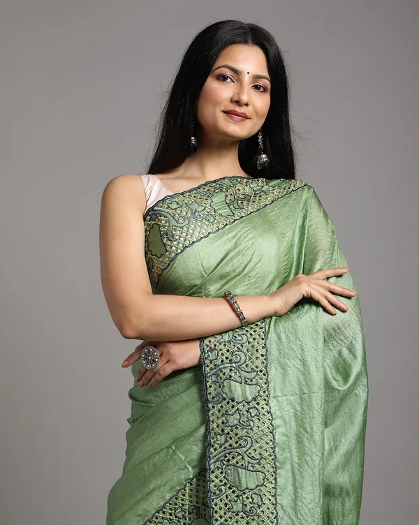 Silkmark_Certified_Lucid_Pure_Tussar_Cutwork_Green_Saree