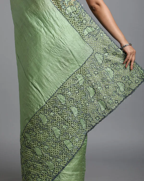 Silkmark_Certified_Lucid_Pure_Tussar_Cutwork_Green_Saree