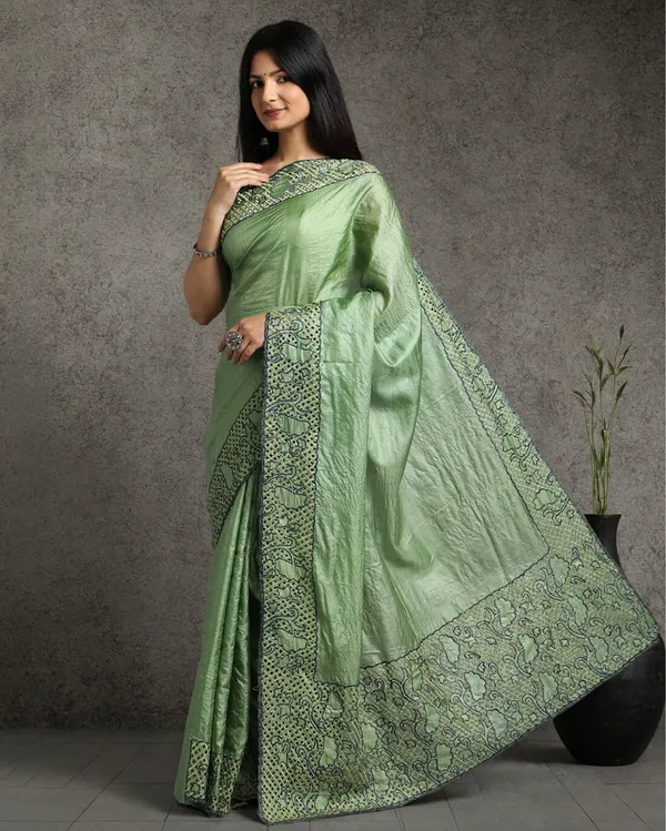 Silkmark_Certified_Lucid_Pure_Tussar_Cutwork_Green_Saree
