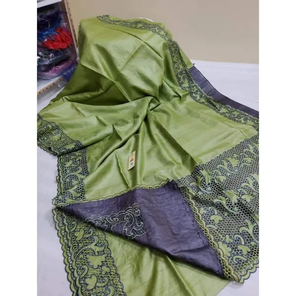 Silkmark_Certified_Lucid_Pure_Tussar_Cutwork_Green_Saree