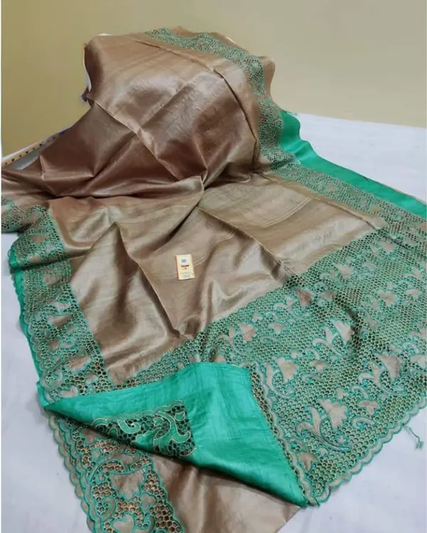 Silkmark_Certified_Pure_Tussar_Cutwork_Brown_&_Green_Saree
