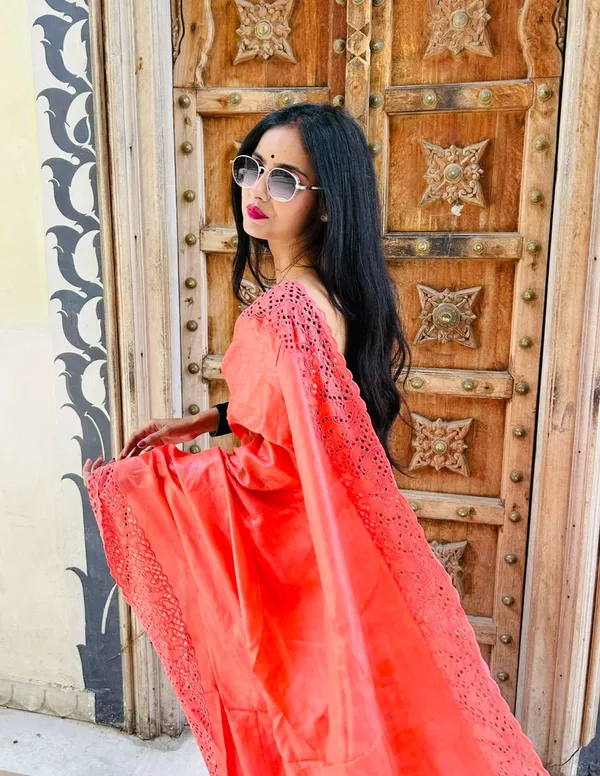 Silkmark_Certified_Vivid_Pure_Tussar_Cutwork_Red_Saree