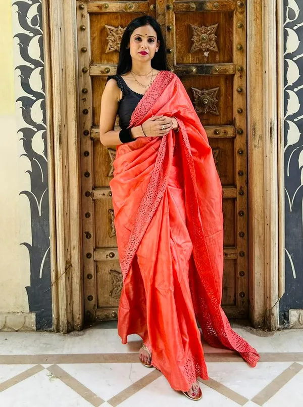 Silkmark_Certified_Vivid_Pure_Tussar_Cutwork_Red_Saree