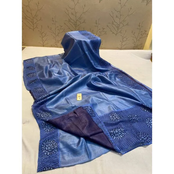 Silkmark_Certified_Modern_Pure_Tussar_Cutwork_Blue_Saree