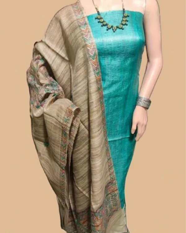 Silkmark_Tussar_Beige_Madhubani_Shining_Dupatta_&_Green_Top