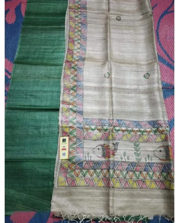Silkmark_Tussar_Beige_Madhubani_Shining_Dupatta_&_Green_Top