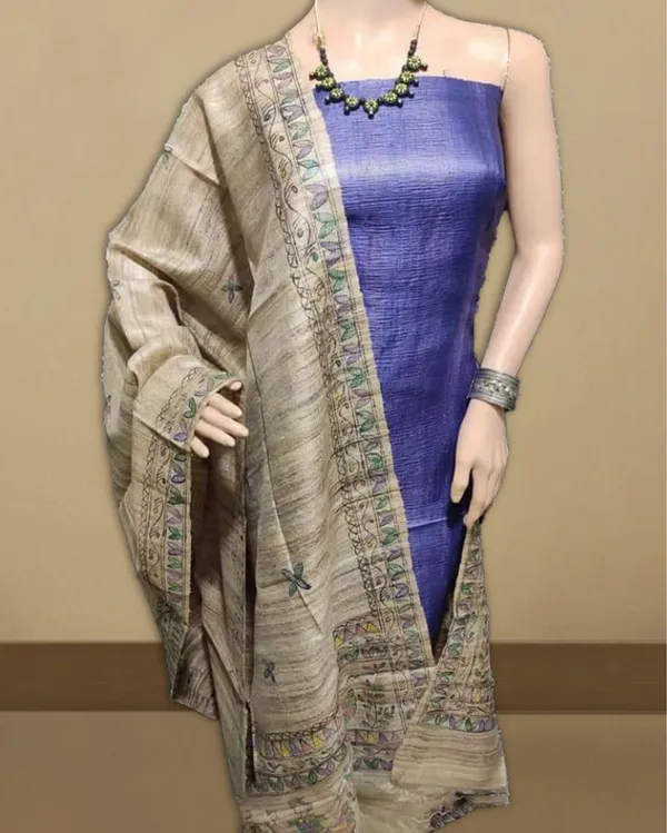 Silkmark_Tussar_Beige_Madhubani_Luminous_Dupatta_&_Blue_Top