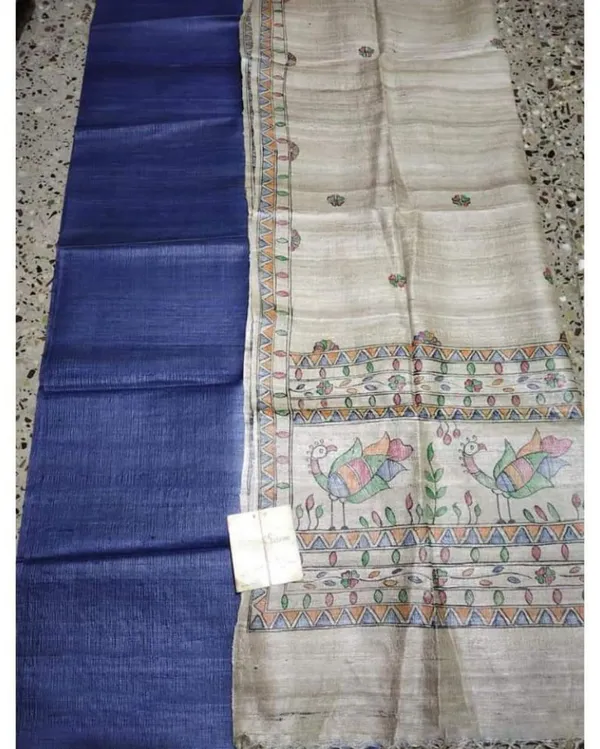 Silkmark_Tussar_Beige_Madhubani_Luminous_Dupatta_&_Blue_Top