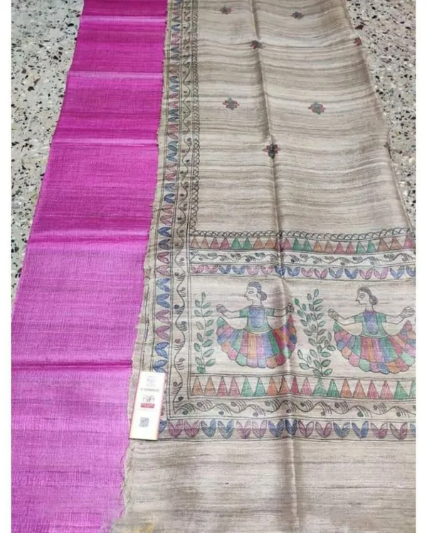 Silkmark_Tussar_Beige_Madhubani_Modern_Dupatta_&_Violet_Top