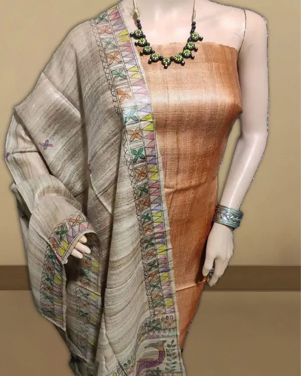 Silkmark_Tussar_Beige_Madhubani_Creative_Dupatta_&_Beige_Top