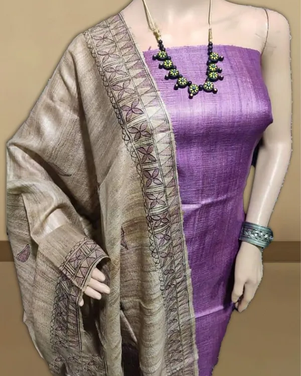 Silkmark_Tussar_Beige_Madhubani_Serene_Dupatta_&_Purple_Top