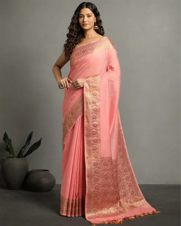 Radiating_Banarasi_Silk_Linen_Peach_Handloom_Saree