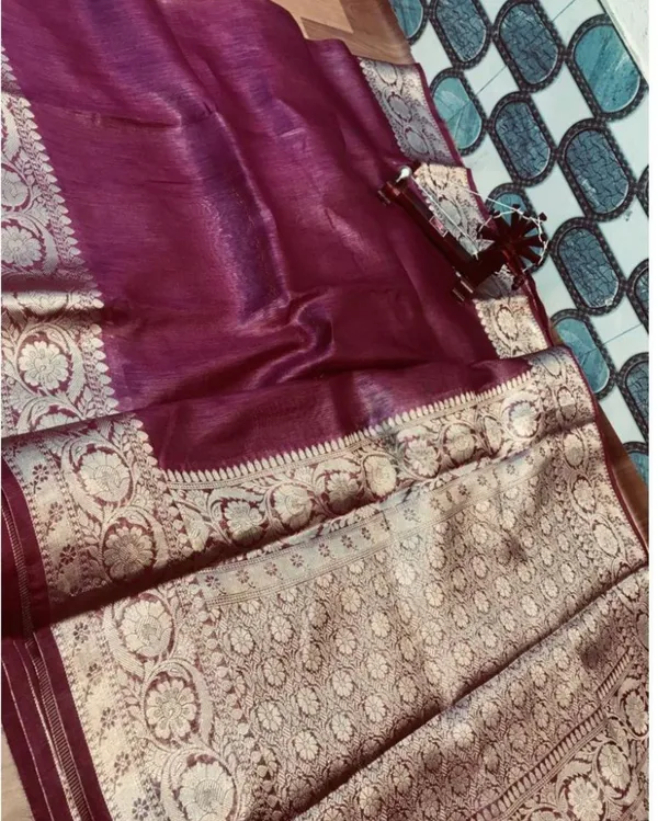 Artistic_Banarasi_Silk_Linen_Cherrywine_Handloom_Saree