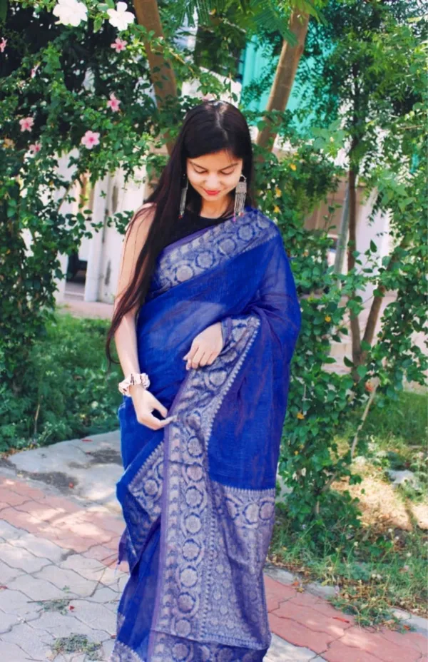 Beaming_Banarasi_Silk_Linen_Blue_Handloom_Saree