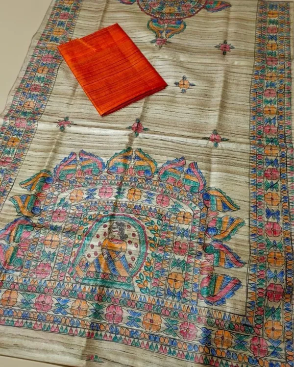 Silkmark_Tussar_Beige_Madhubani_Glossy_Dupatta_&_Orange_Top
