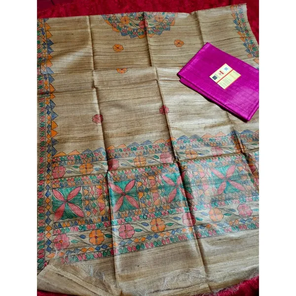 Silkmark_Tussar_Beige_Madhubani_Lively_Dupatta_&_Violet_Top