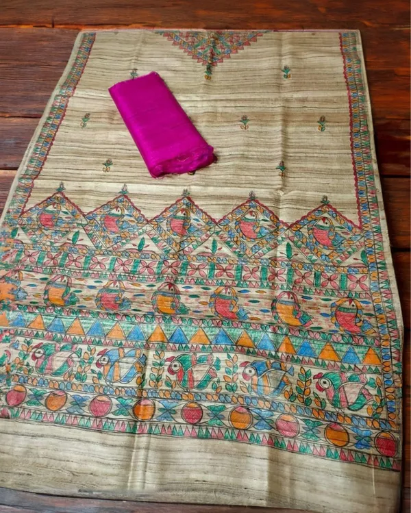 Silkmark_Tussar_Beige_Madhubani_Vibrant_Dupatta_&_Violet_Top