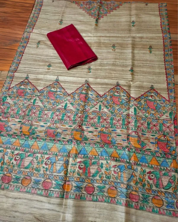 Silkmark_Tussar_Beige_Madhubani_Enigmatic_Dupatta_&_Red_Top
