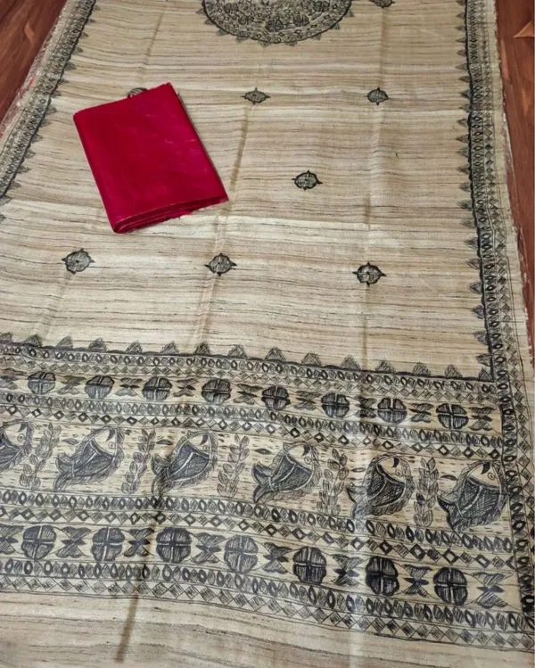 Silkmark_Tussar_Beige_Madhubani_Whimsical_Dupatta_&_Red_Top