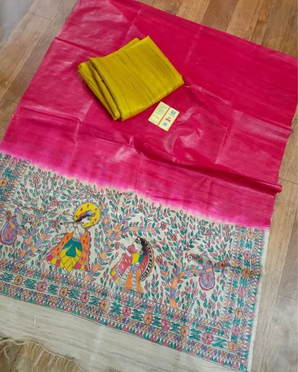 Silkmark_Tussar_Pink_Madhubani_Glowing_Dupatta_&_Yellow_Top