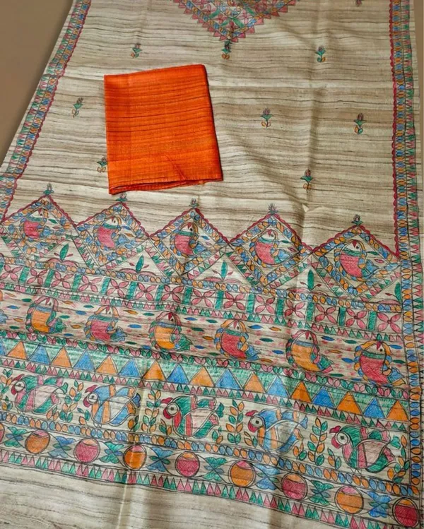 Silkmark_Tussar_Beige_Madhubani_Melodic_Dupatta_&_Orange_Top