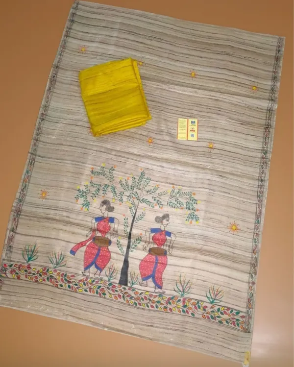 Silkmark_Tussar_Beige_Madhubani_Poetic_Dupatta_&_Yellow_Top