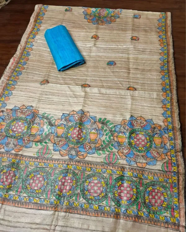 Silkmark_Tussar_Beige_Madhubani_Dazzling_Dupatta_&_Blue_Top