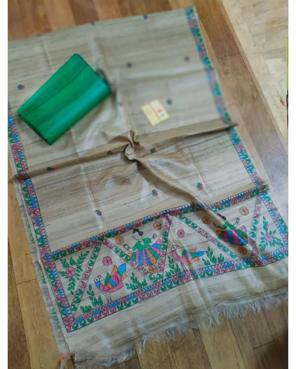 Silkmark_Tussar_Beige_Madhubani_Fanciful_Dupatta_&_Green_Top