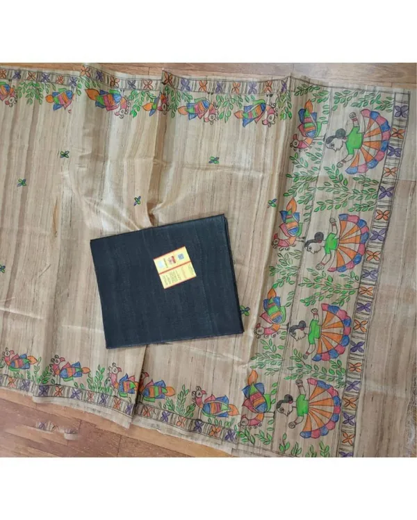Silkmark_Tussar_Beige_Madhubani_Textured_Dupatta_&_Blue_Top