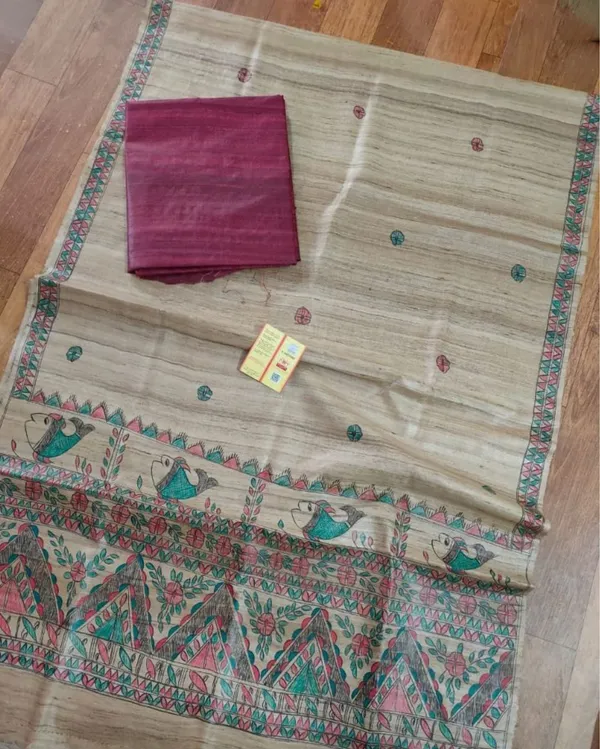 Silkmark_Tussar_Beige_Madhubani_Stunning_Dupatta_&_Pink_Top