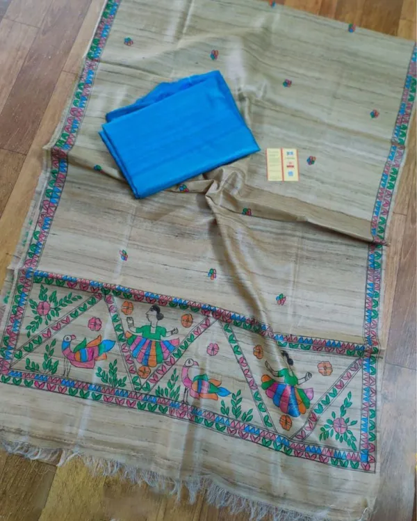 Silkmark_Tussar_Beige_Madhubani_Adorable_Dupatta_&_Blue_Top