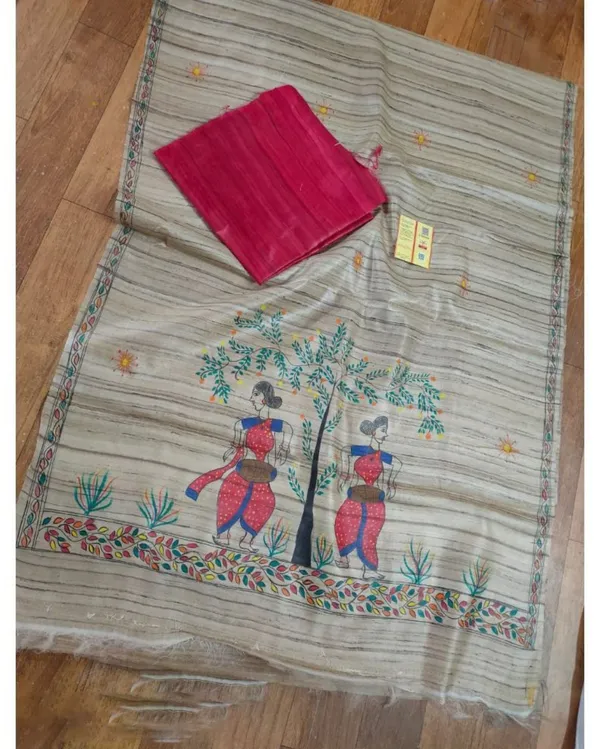 Silkmark_Tussar_Beige_Madhubani_Artistic_Dupatta_&_Pink_Top