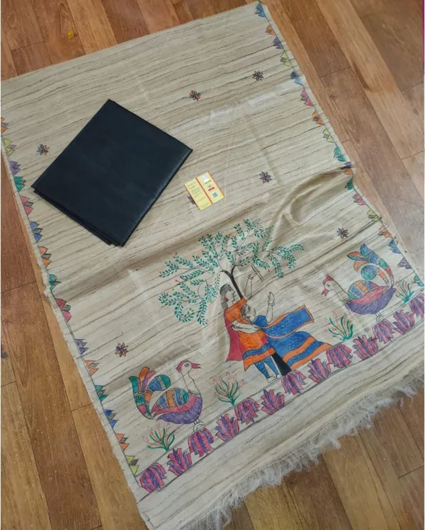 Silkmark_Tussar_Beige_Madhubani_Gleaming_Dupatta_&_Black_Top