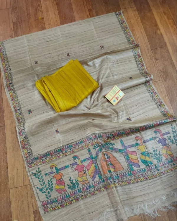 Silkmark_Tussar_Beige_Madhubani_Bright_Dupatta_&_Yellow_Top